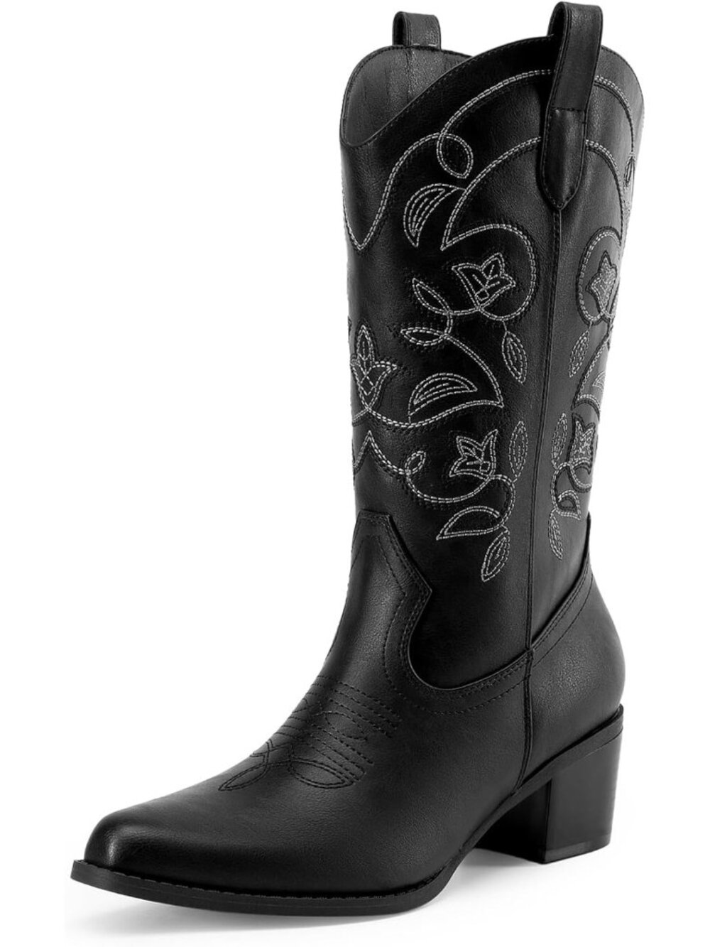 Women’s Black Cowboy Mid Calf Boots Western Cowgirl Pull On Riding Boots